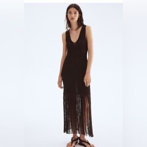 H&M fringe trim knit dress crochet look dark brown size large SOLD OUT